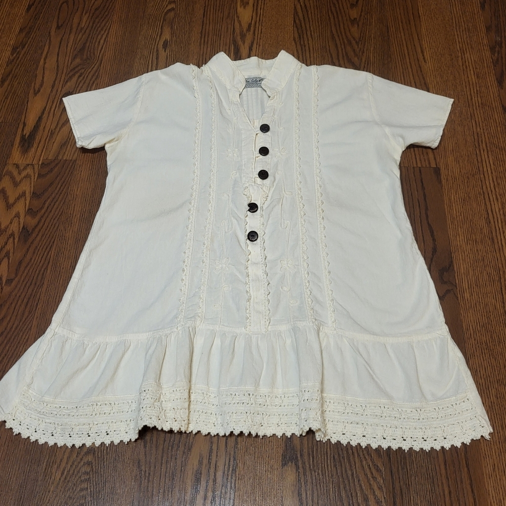 BOHO Vintage COTTON SALSA Peruvian Hand Loomed Embroidered Tunic Blouse -L